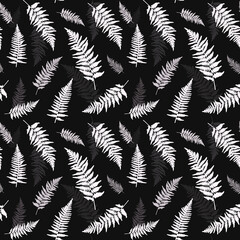 Fern leaves silhouettes on black seamless background. Black and white pattern