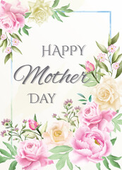 card or banner on Happy Mothers Day in green in a blue rectangle with white and salmon rose flowers and green leaves all around