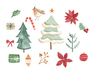 Watercolor Christmas trees illustration with candy cane, baubles , winter flowers and  robin 
