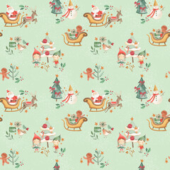 Vintage Christmas watercolor illustration for children with Santa and snowman pattern 