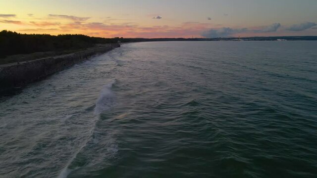 Drone flight alongside the coastline of KDF Prora in the bay of Binz on the island of R&uuml;gen.