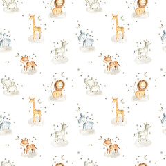 Safari Animals watercolor illustrations for baby in the sky with clouds and stars pattern  - obrazy, fototapety, plakaty