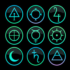 bright neon alchemical magic signs in a round frame