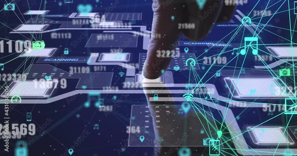 Poster animation of numbers changing, networks of connections over man touching processor screen