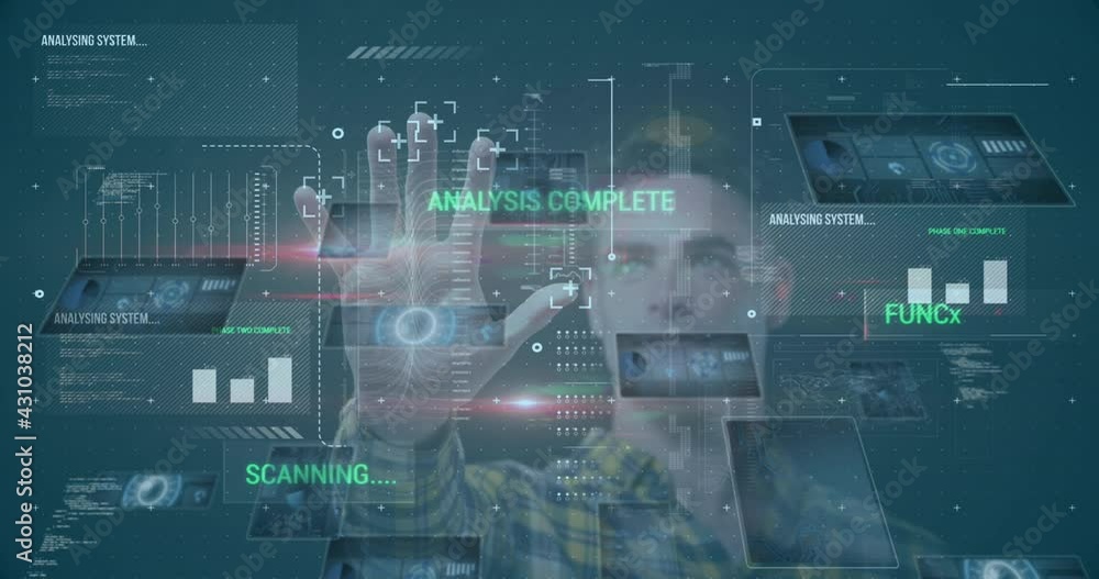 Poster animation of identity data processing over businessman touching biometric screen in background