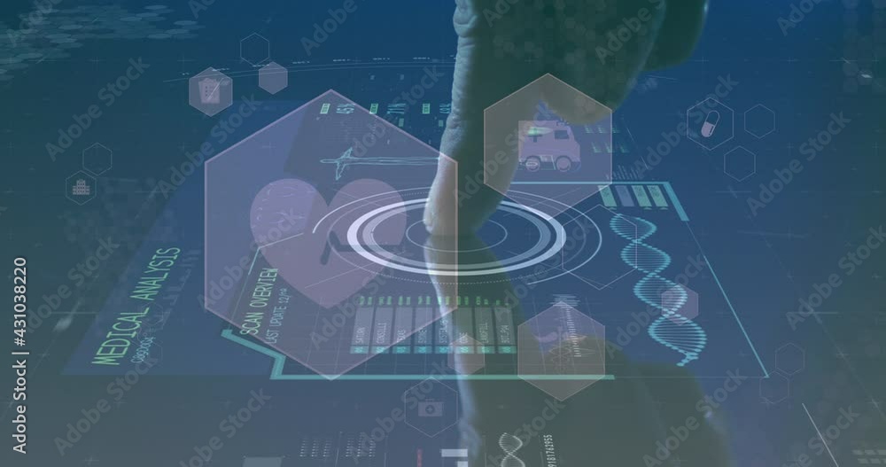 Poster animation of man touching screen with medical data processing and dna strand