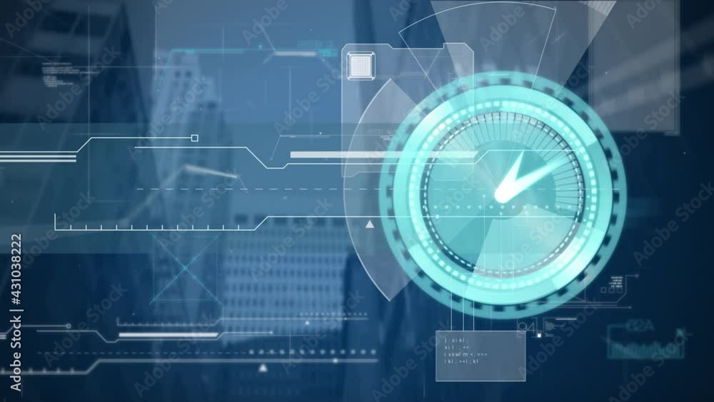 Poster animation of clock moving fast and data processing over cityscape