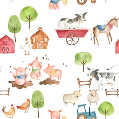 Watercolor baby  farm animals illustration seamless pattern  tile with cow, horse, pig, chicken, hen © Bianca