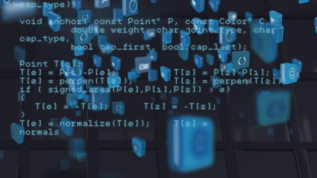 Animation of blue digital icons and data processing over modern building