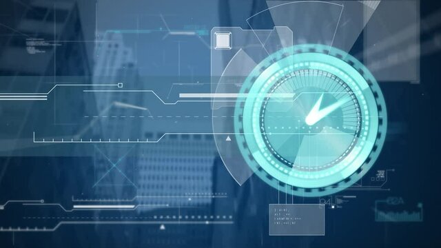 Animation of clock moving fast and data processing over cityscape - Powered by Adobe