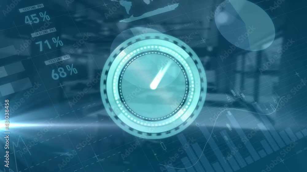 Poster animation of clock moving fast and data processing over empty office