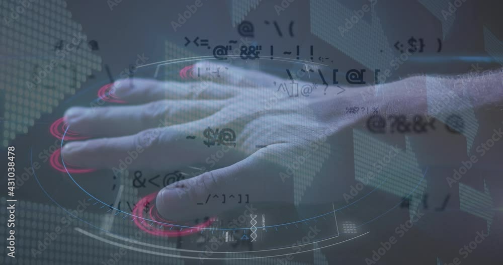 Poster animation of data processing with arrows over man touching biometric screen