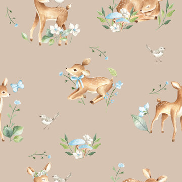 Watercolor Baby Deers Forest Woodland Animals With Blue Flowers Illustration Seamless Pattern Tile