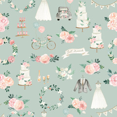 Boho wedding watercolor illustration seamless pattern  tile with flowers, cake, gown, suit 