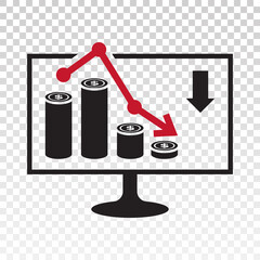 Flat icon a recession or stock market crash with red arrow and chart isolated on the computer