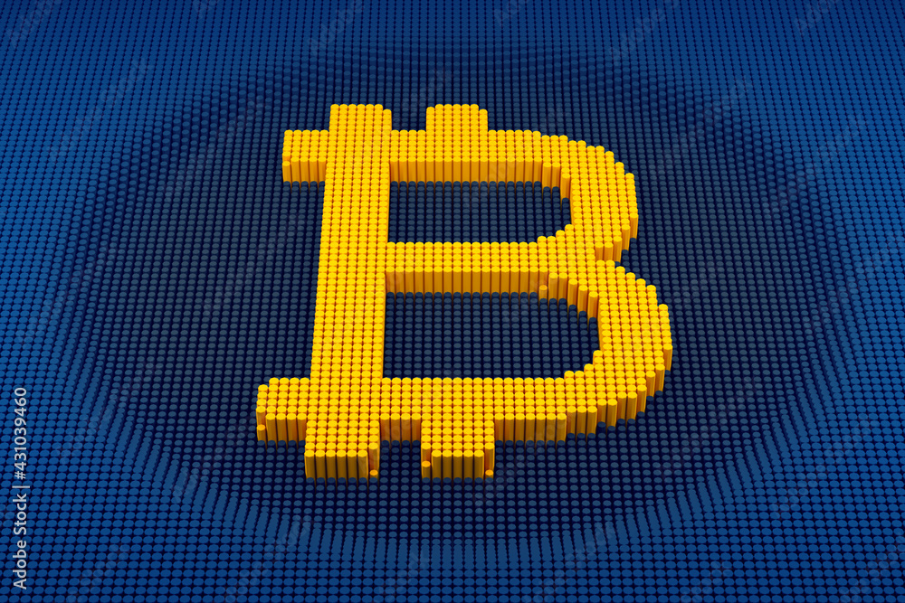 Aufkleber pixelated bitcoin symbol made from cubes, mosaic pattern. 3d rendering