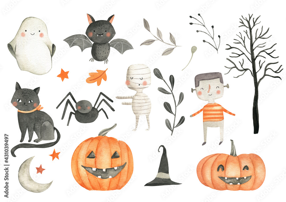 Wall mural halloween watercolor icons illustration set with pumpkin, mummy, spider and bat - Wall murals