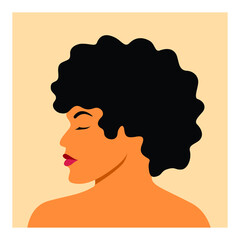 a woman with short curly hair and dark skin from a side point of view illustration. representation of unity in diversity of different ethnicities and cultures stand together for women equality.