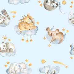 Watercolor baby animals sleeping in the sky with clouds and stars in blue background seamless pattern © Bianca