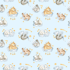 Watercolor baby animals sleeping in the sky with clouds and stars in blue background pattern 