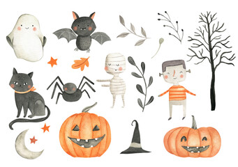 Halloween watercolor icons illustration set  with pumpkin, mummy, spider and bat