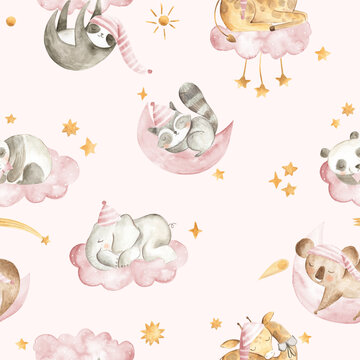 Fototapeta Watercolor baby animals seamless pattern sleeping in the sky with clouds and stars in pink background 