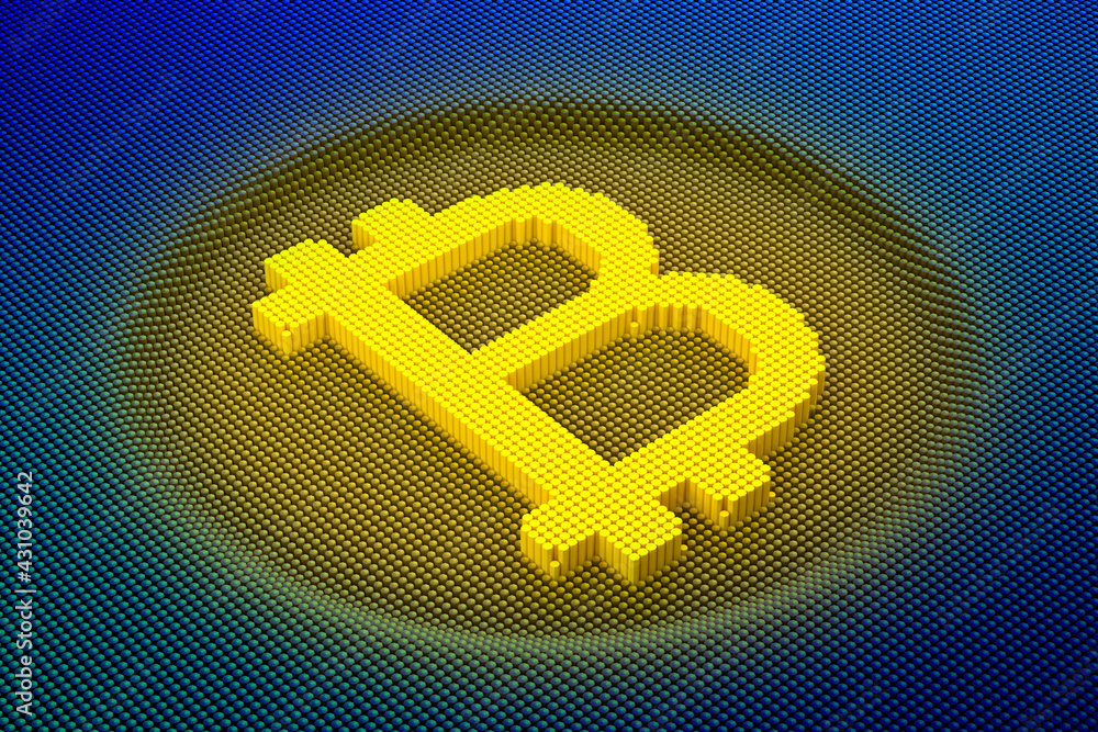 Aufkleber pixelated bitcoin symbol made from cubes, mosaic pattern. 3d rendering