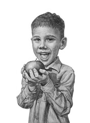 Cute boy holding an apple fruit. Pencil illustration. - 431039649
