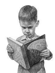 A boy is reading a book. Pencil drawing. Isolated on a white background.
