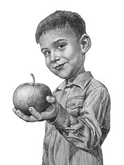 Cute boy holding an apple fruit. Pencil illustration.