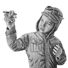 The boy is playing pilot. Holds a model airplane in his hands. Pencil drawing.