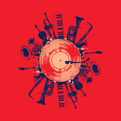 Musical promotional poster with musical instruments and lp vinyl record vector illustration. Artistic abstract design with vinyl record disc for concert events, music festivals and shows, party flyer © abstract