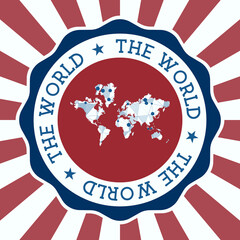 The World Badge. Round logo of world with triangular mesh map and radial rays. EPS10 Vector.