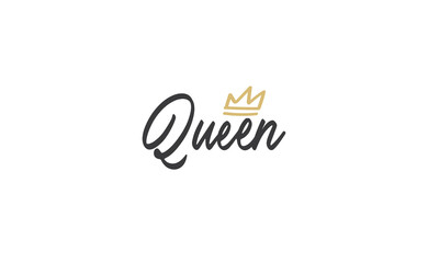 Queen word lettering with gold doodle crown. Vector illustration, calligraphic style text.