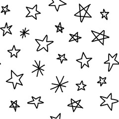 Hand drawn stars seamless pattern. Monochrome texture background of star doodle illustrations.