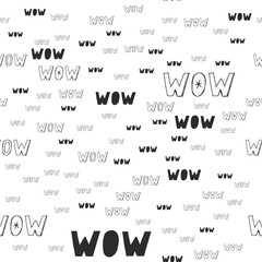 WOW Vector seamless pattern drawn by hand. Curly black lines on a white background with word