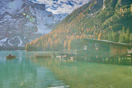 The beautiful Braies lake in late autumn with a little snow, Pearl of the Dolomite lakes is an UNESCO heritage and is located in the Braies Alto Adige,Italy © DannyIacob