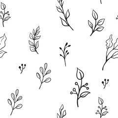 Floral doodle elements seamless texture. Hand drawn decorative leaves and wreaths texture background. Tree branches with leaf illustrations.