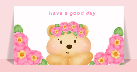 Watercolor Teddy bear in a flower garden card .