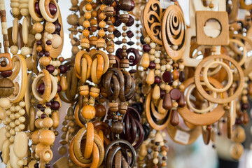 Close up view of wooden beads at souvenir market
