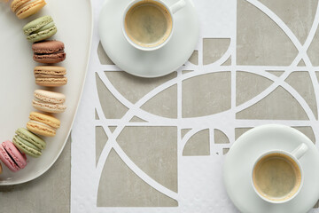 Coffee cups, macarons, Fibonacci sequence circles, sugar hearts. Tasty perfection. Golden ratio...