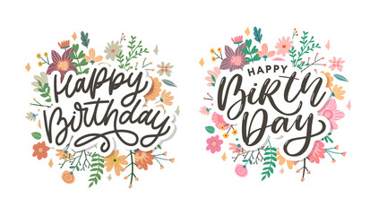 Beautiful happy birthday greeting card with flowers and bird. Vector party invitation with floral elements.
