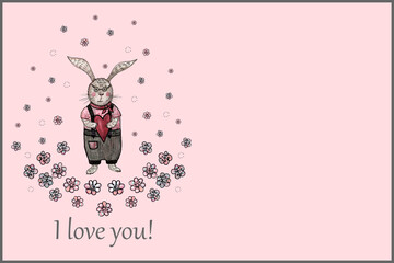 Cute watercolor bunny in a bunny with glasses holds a red heart in his hands. Pink background.