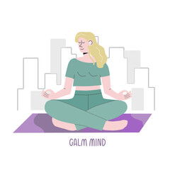 Woman practicing meditation on wireless earphones. Calm mind, deep breath. Girl is escaping from big cities stresses. Banner for yoga studio
