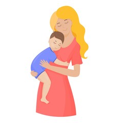 A mother holds her young son in her arms. Mom hugs a small child. The parent shows love and care. Colorful cartoon characters. Vector illustration