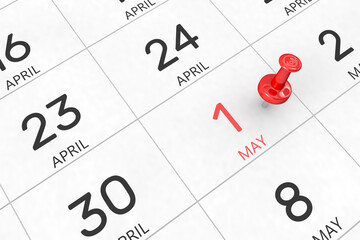 3d rendering of important days concept. May 1st. Day 1 of month. Red date written and pinned on a calendar. Spring month, day of the year. Remind you an important event or possibility.