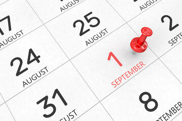 3d rendering of important days concept. September 1st. Day 1 of month. Red date written and pinned on a calendar. Autumn month, day of the year. Remind you an important event or possibility. - obrazy, fototapety, plakaty