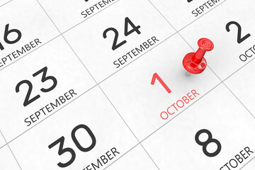 3d rendering of important days concept. October 1st. Day 1 of month. Red date written and pinned on a calendar. Autumn month, day of the year. Remind you an important event or possibility. - obrazy, fototapety, plakaty