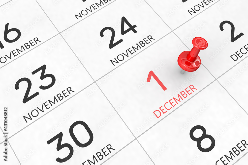 Aufkleber 3d rendering of important days concept. december 1st. day 1 of month. red date written and pinned on