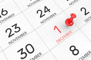 3d rendering of important days concept. December 1st. Day 1 of month. Red date written and pinned on a calendar. Winter month, day of the year. Remind you an important event or possibility. - obrazy, fototapety, plakaty